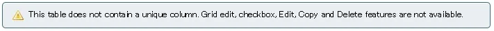 This table does not contain a unique column. Grid edit, checkbox, Edit, Copy and Delete features are not available.